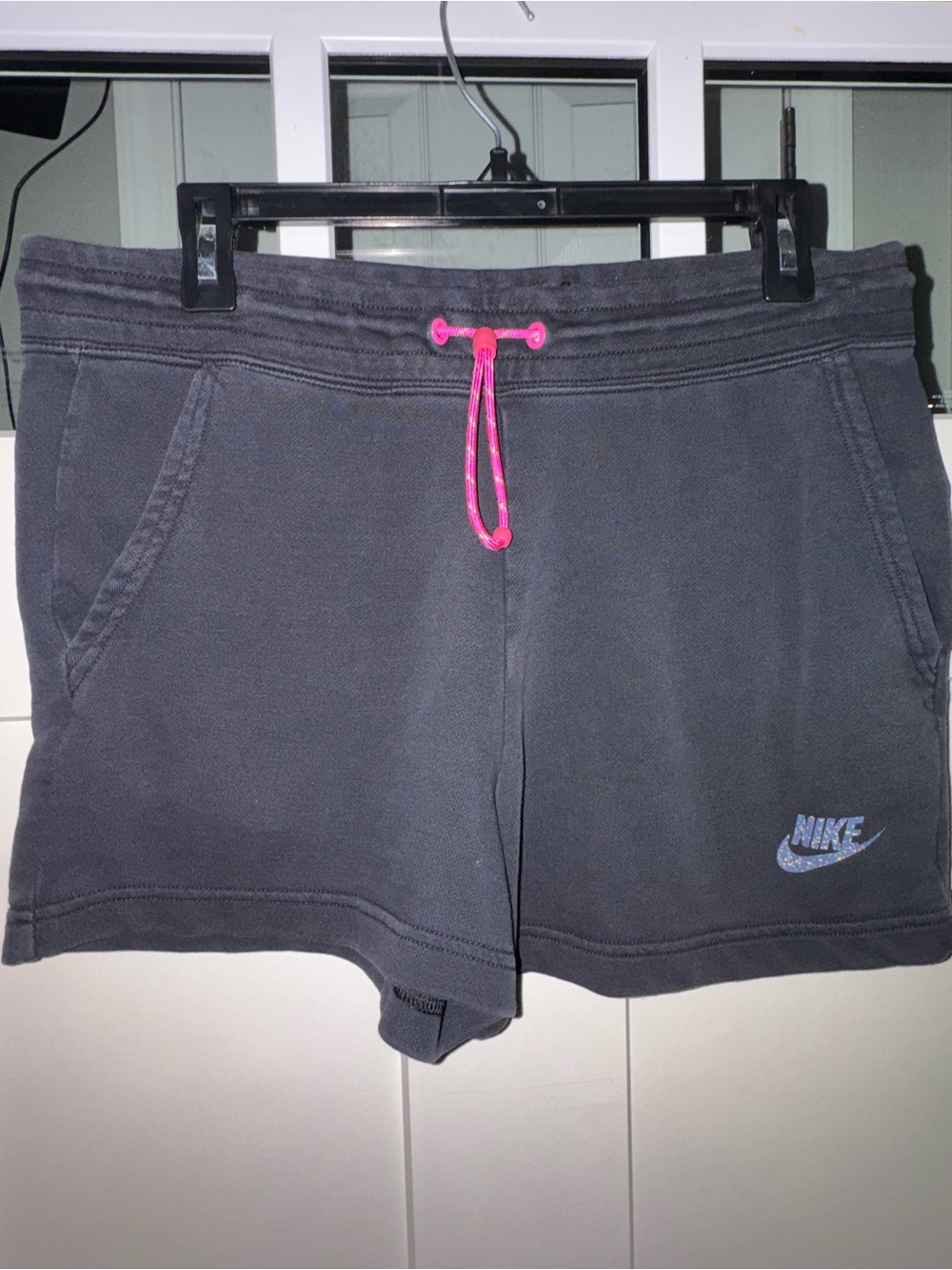 Nike Women’s Charcoal Athletic Shorts with Pink Drawstring
